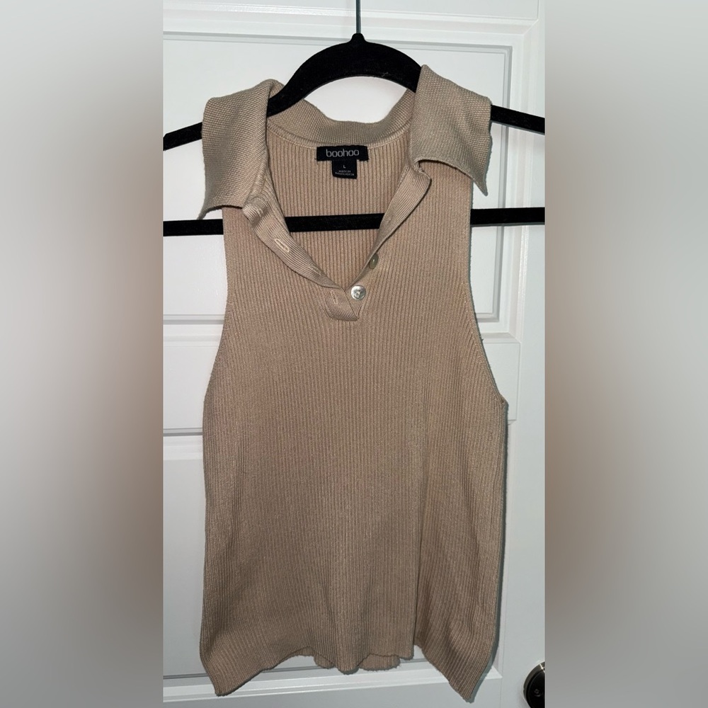 Boohoo Beige Ribbed Knit Polo Tank